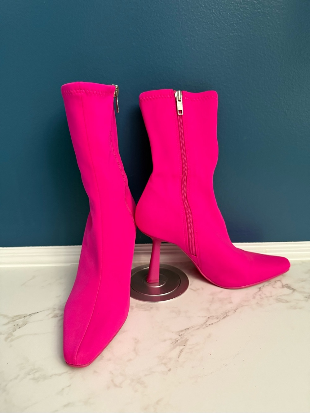 Steve Madden Hot Pink Stretch Sock Ankle Boots with Stiletto Heel